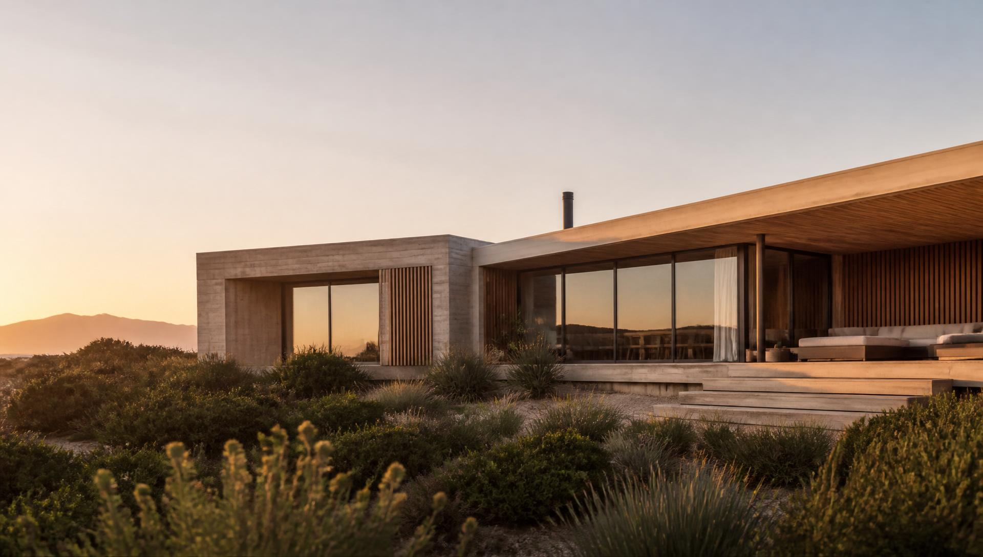 Casa contemporánea de hormigón y madera al atardecer